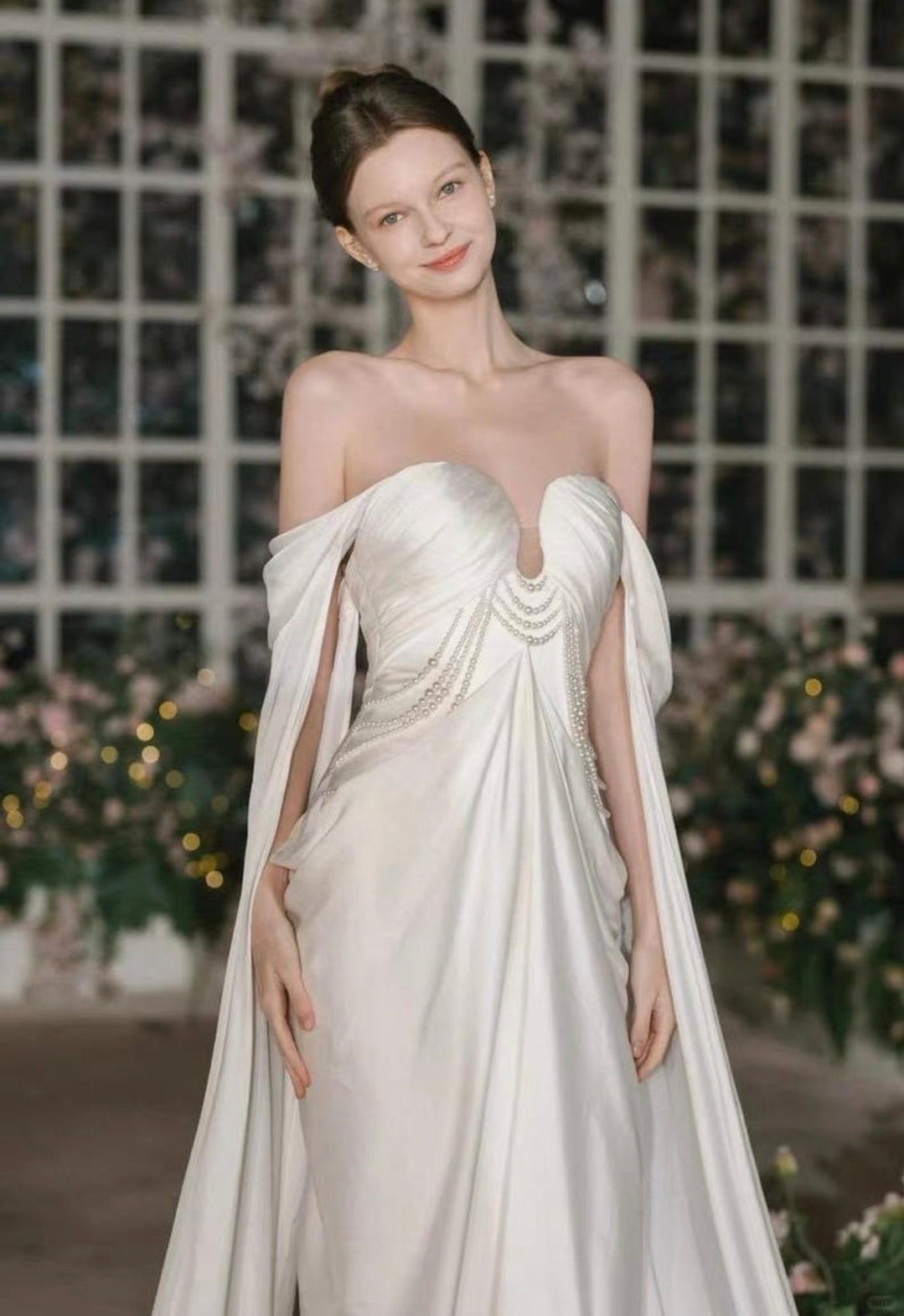 Elegant Off The Shoulder Floor Length Arm Train Multi Draped Sweetheart Neckline With Draped Pearl Beading Sheath Bridal And Ceremonial Gown