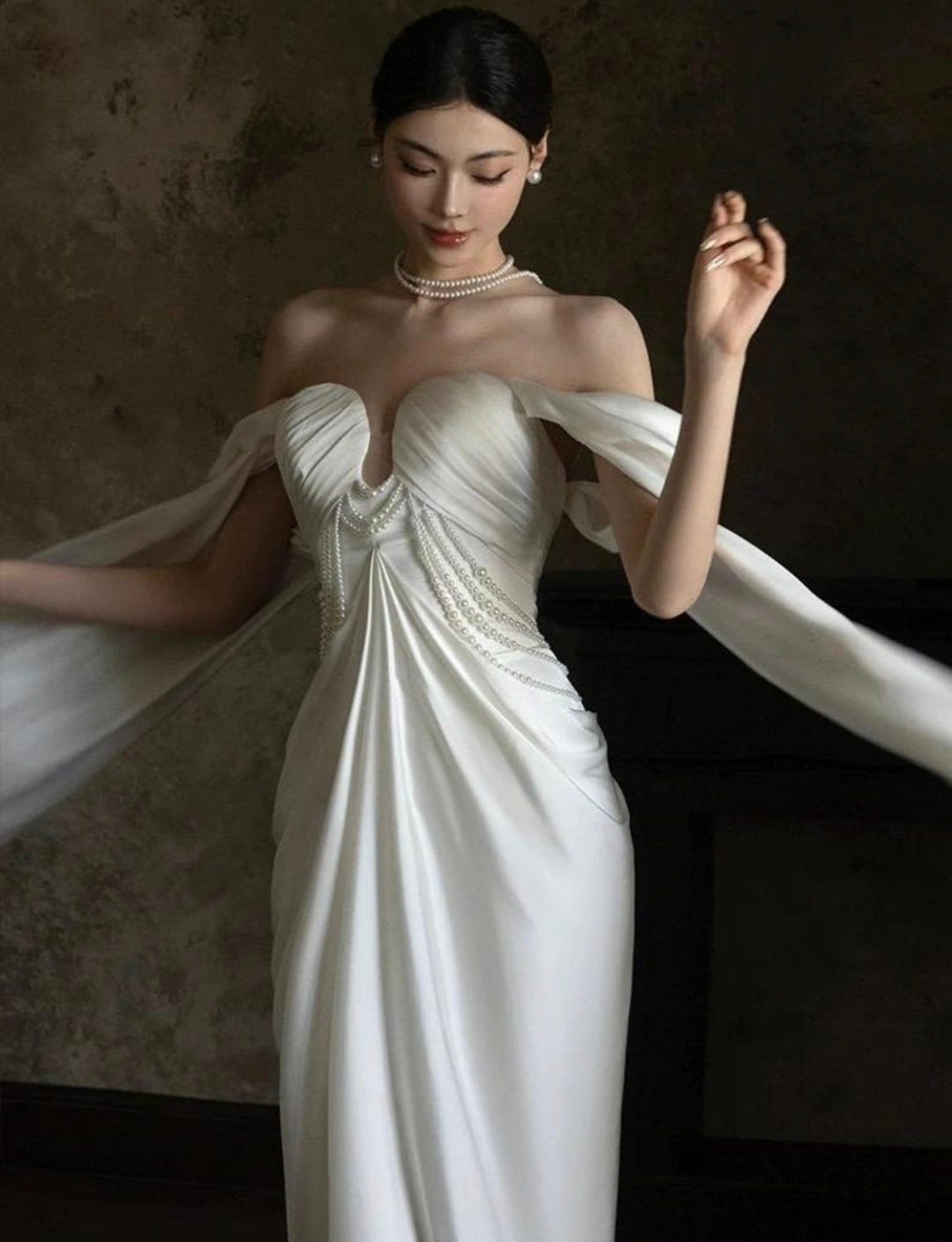 Elegant Off The Shoulder Floor Length Arm Train Multi Draped Sweetheart Neckline With Draped Pearl Beading Sheath Bridal And Ceremonial Gown