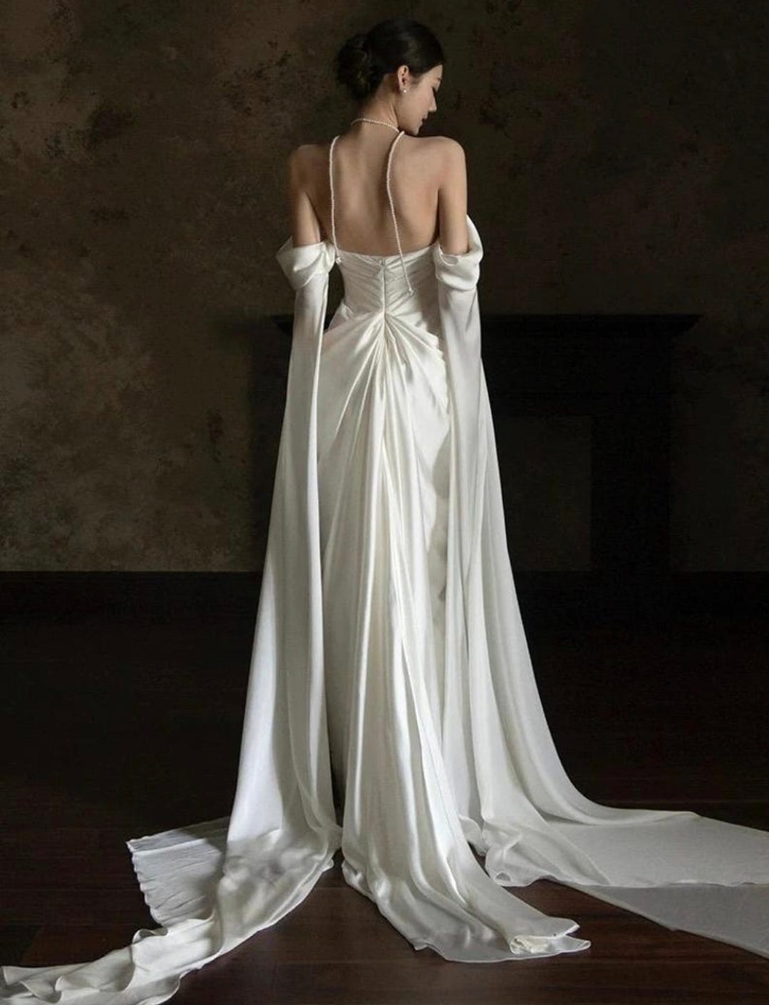 Elegant Off The Shoulder Floor Length Arm Train Multi Draped Sweetheart Neckline With Draped Pearl Beading Sheath Bridal And Ceremonial Gown
