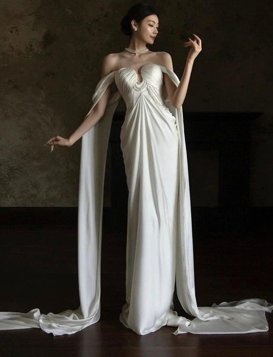 Elegant Off The Shoulder Floor Length Arm Train Multi Draped Sweetheart Neckline With Draped Pearl Beading Sheath Bridal And Ceremonial Gown