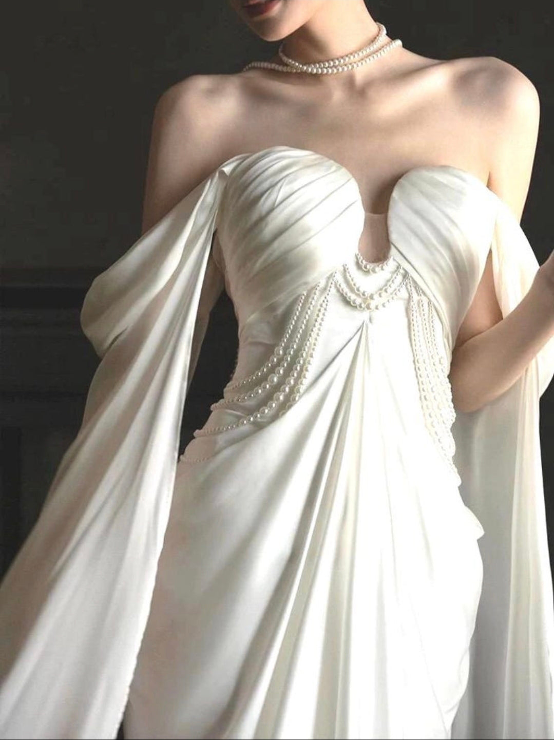 Elegant Off The Shoulder Floor Length Arm Train Multi Draped Sweetheart Neckline With Draped Pearl Beading Sheath Bridal And Ceremonial Gown