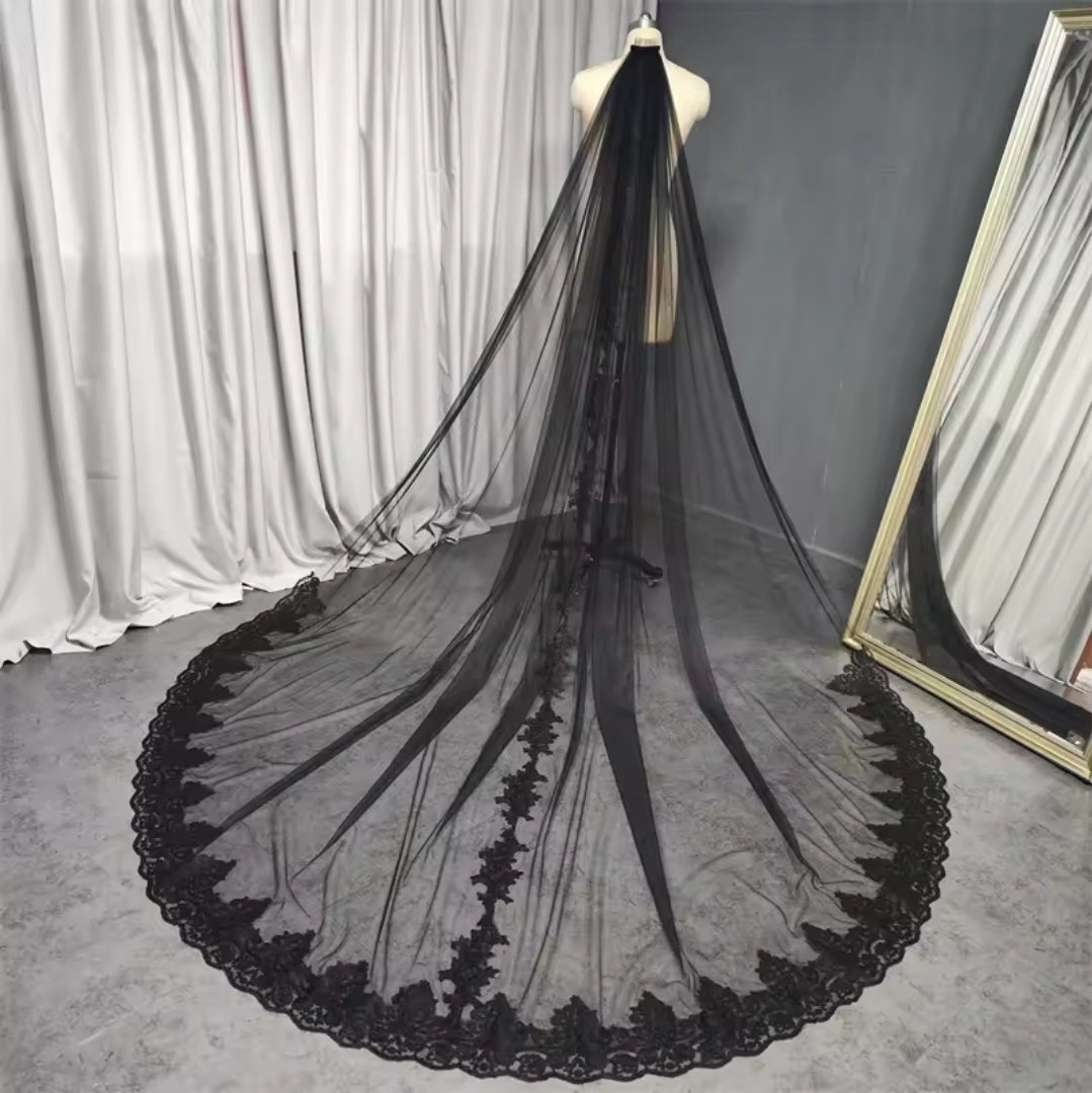 Lovely Black Lace Trim And Center Lace Detail 300 CM Bridal Veil With Comb