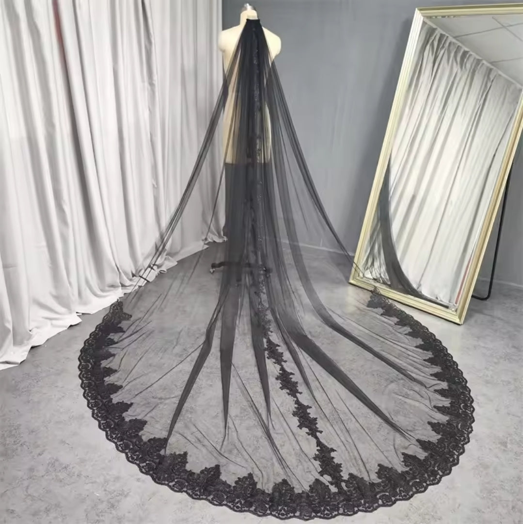 Lovely Black Lace Trim And Center Lace Detail 300 CM Bridal Veil With Comb