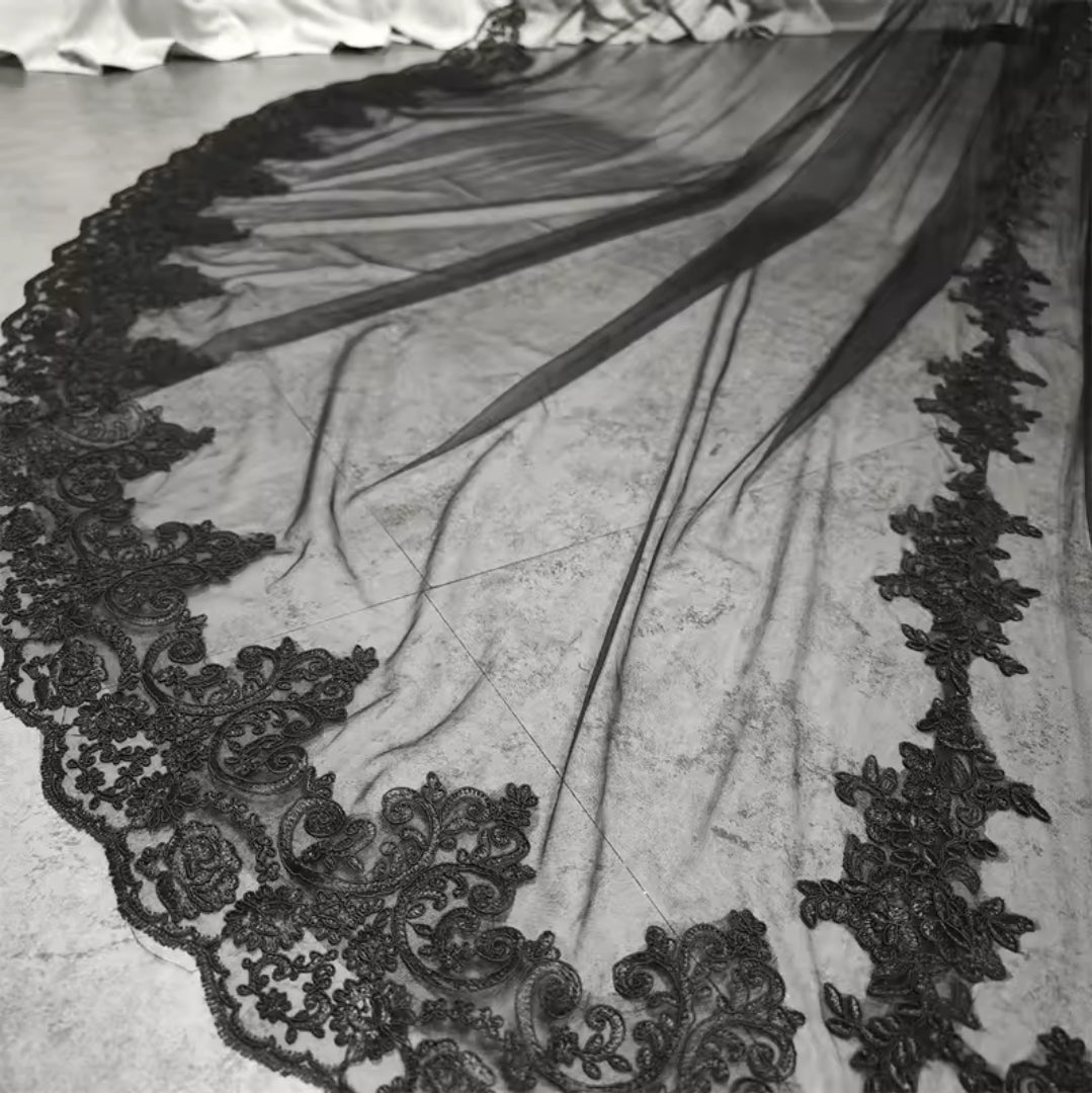 Lovely Black Lace Trim And Center Lace Detail 300 CM Bridal Veil With Comb