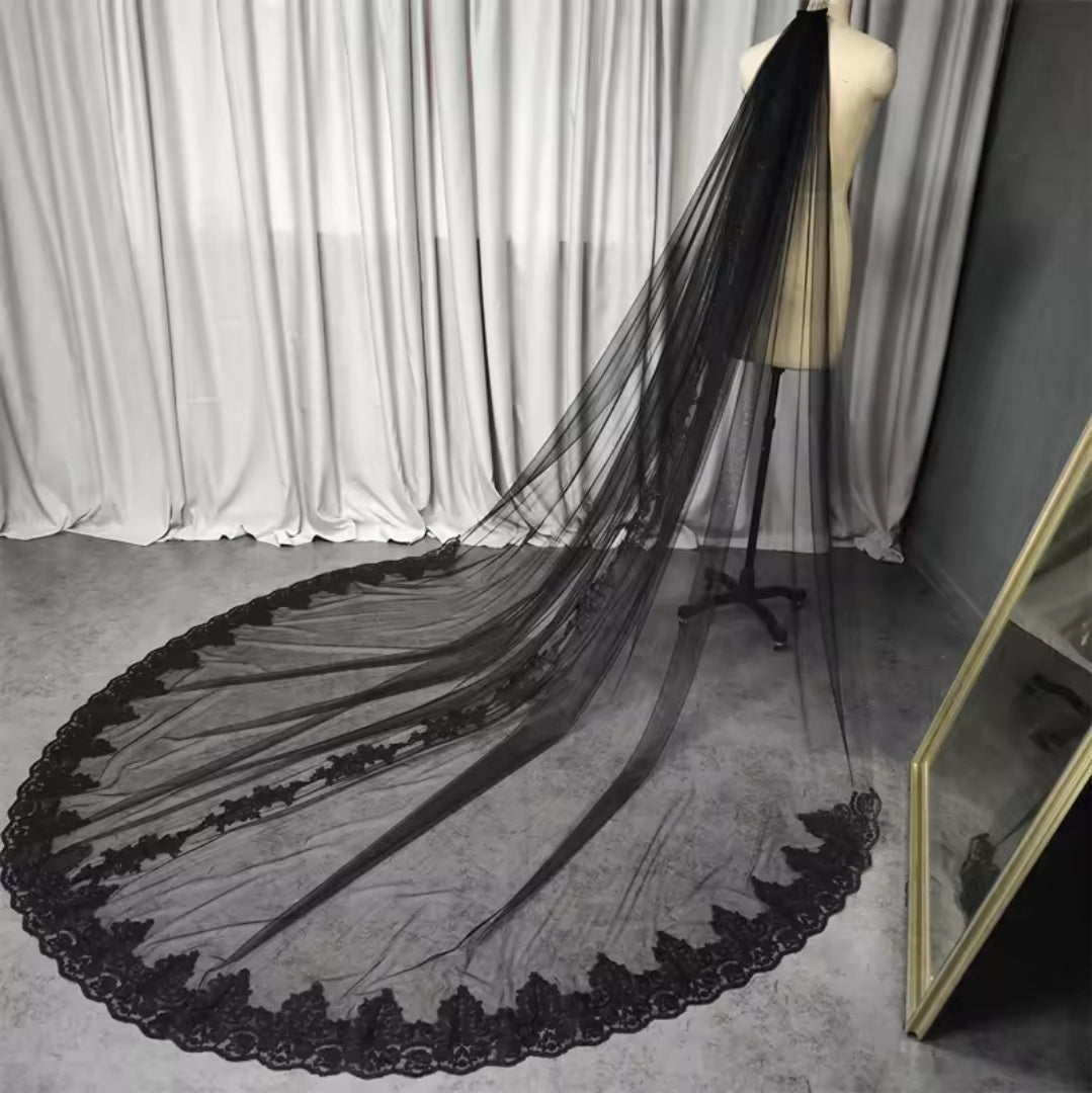 Lovely Black Lace Trim And Center Lace Detail 300 CM Bridal Veil With Comb