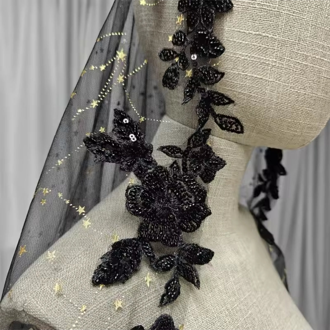 Black Elbow Length Floral Lace Trim Veil With Scattered Gold Star Detail