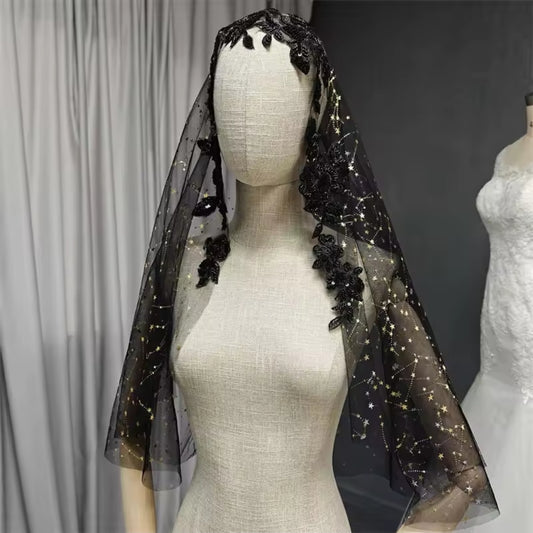 Black Elbow Length Floral Lace Trim Veil With Scattered Gold Star Detail