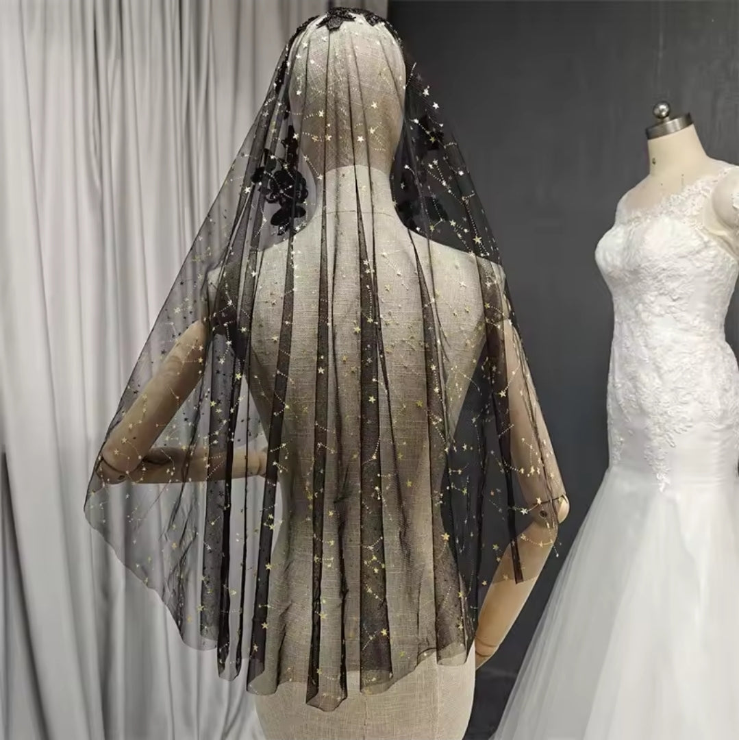 Black Elbow Length Floral Lace Trim Veil With Scattered Gold Star Detail