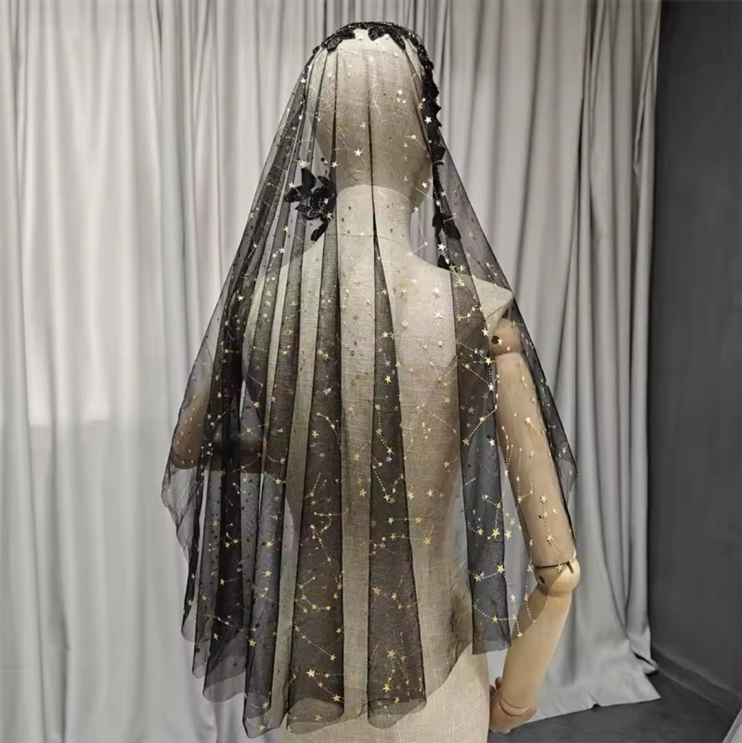 Black Elbow Length Floral Lace Trim Veil With Scattered Gold Star Detail