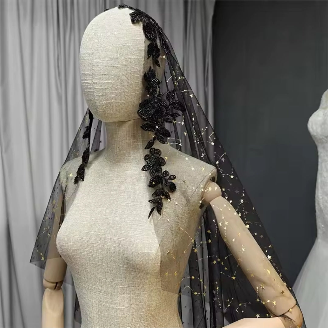 Black Elbow Length Floral Lace Trim Veil With Scattered Gold Star Detail