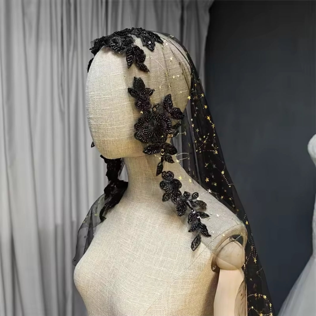 Black Elbow Length Floral Lace Trim Veil With Scattered Gold Star Detail