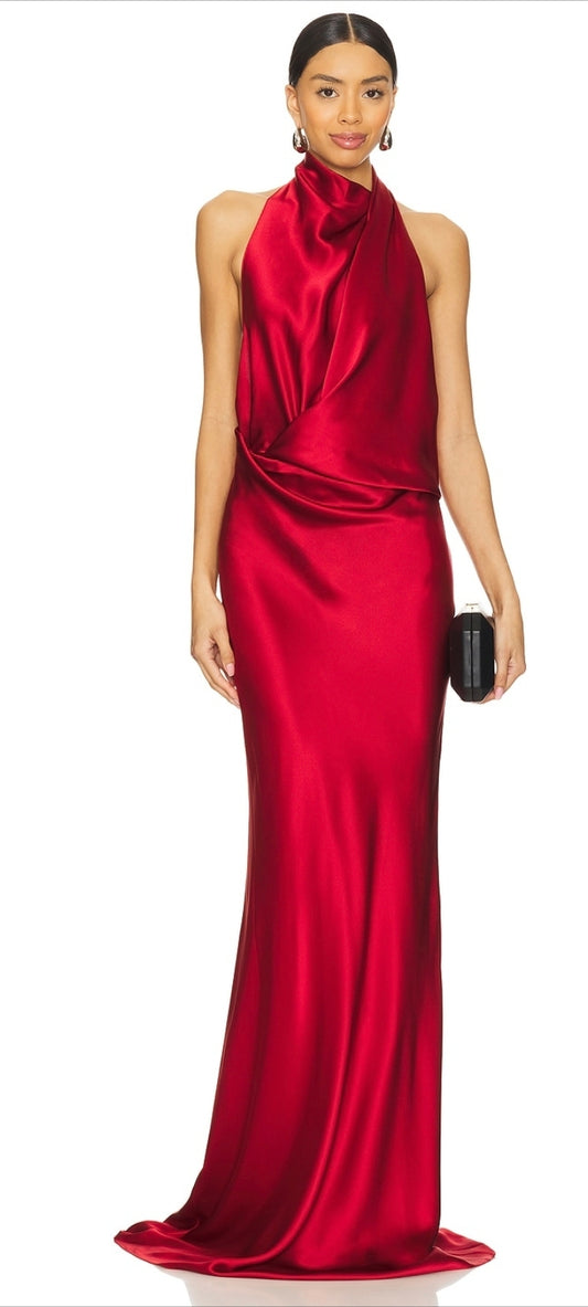 Silk Draped Halter Bias Floor Length Elegant Bridesmaid/Maid Of Honor Dress