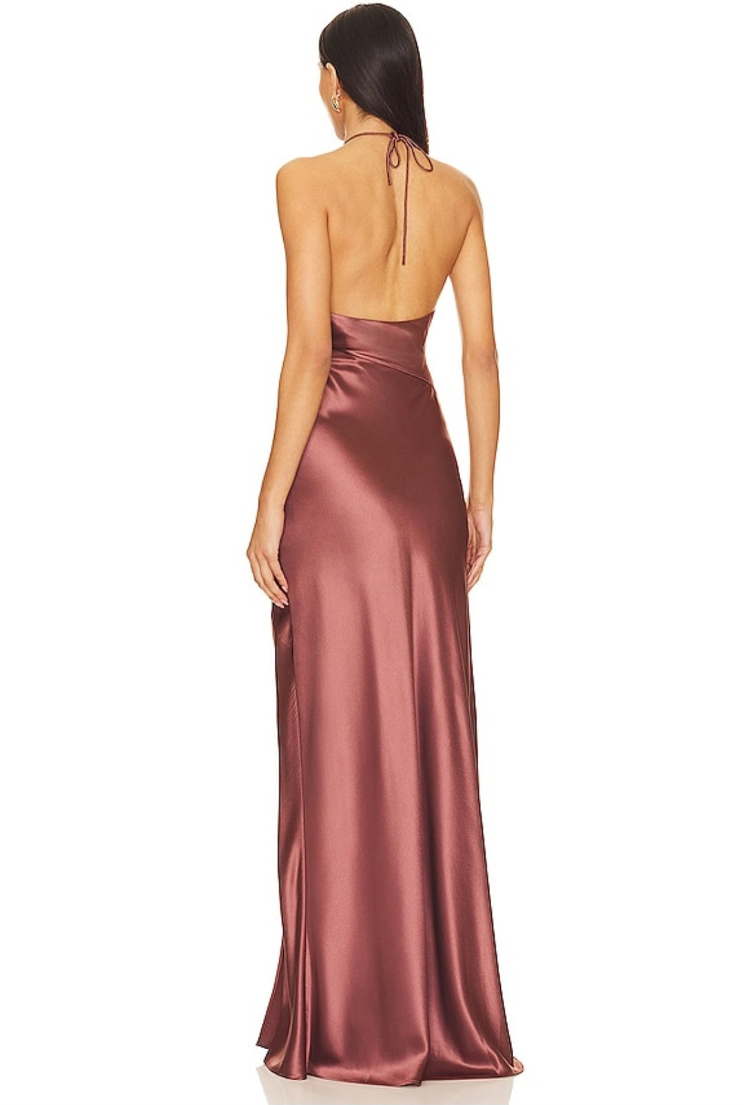 Lovely Satin Foral Motiff Halter Neck Peek Hole Bridesmaid/Maid Of Honor Dress With Thigh Split