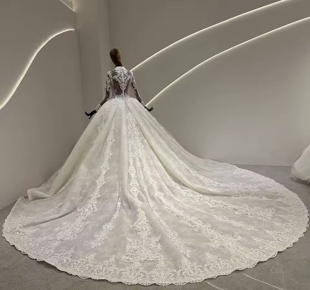 Lace Long Sleeve Sweetheart Neckline And Elegant Full Lace Zip Up Back Bridal Ball Gown With 100 CM Train