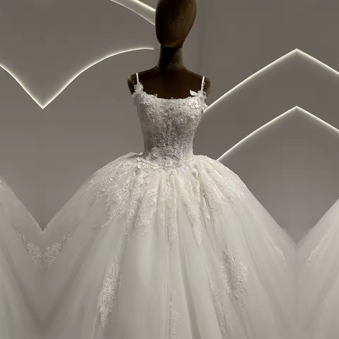 Sleeveless Floral Appliqués Beaded Detail Spaghetti Strap A-Line Bridal Ball Gown With Scattered Floral Appliqués And 100 CM Traim