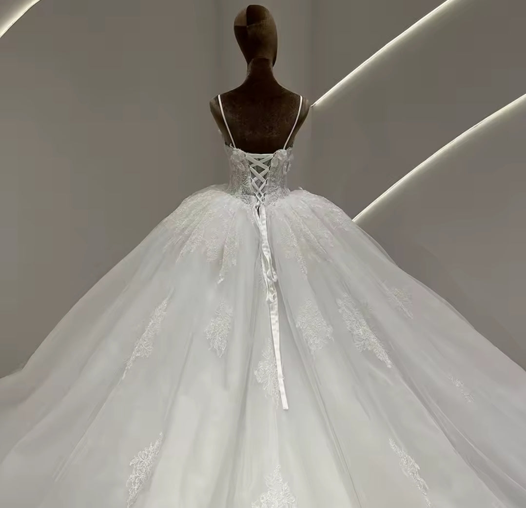 Sleeveless Floral Appliqués Beaded Detail Spaghetti Strap A-Line Bridal Ball Gown With Scattered Floral Appliqués And 100 CM Traim