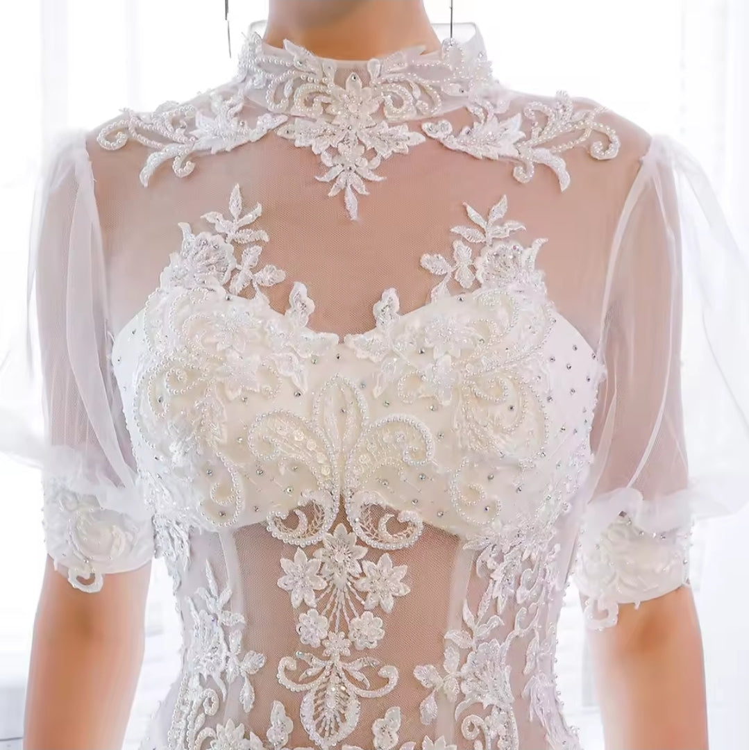 Ivory Sheer Half Sleeve Mid Neck Sheer Bodice With Lace Appliqué Detai Open Back Lace Up Fit To Flare Bridal Gown With 100 CM Train
