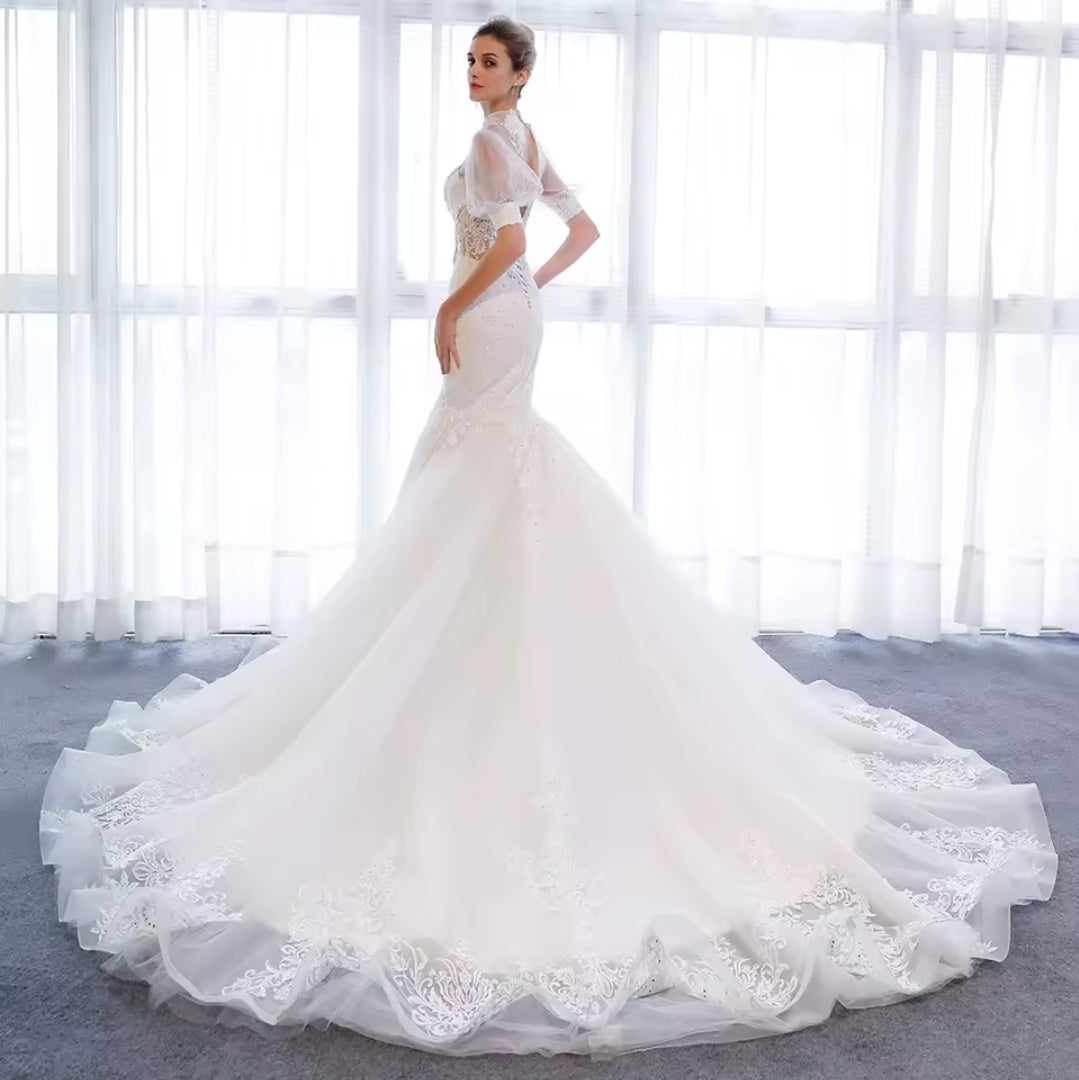 Ivory Sheer Half Sleeve Mid Neck Sheer Bodice With Lace Appliqué Detai Open Back Lace Up Fit To Flare Bridal Gown With 100 CM Train