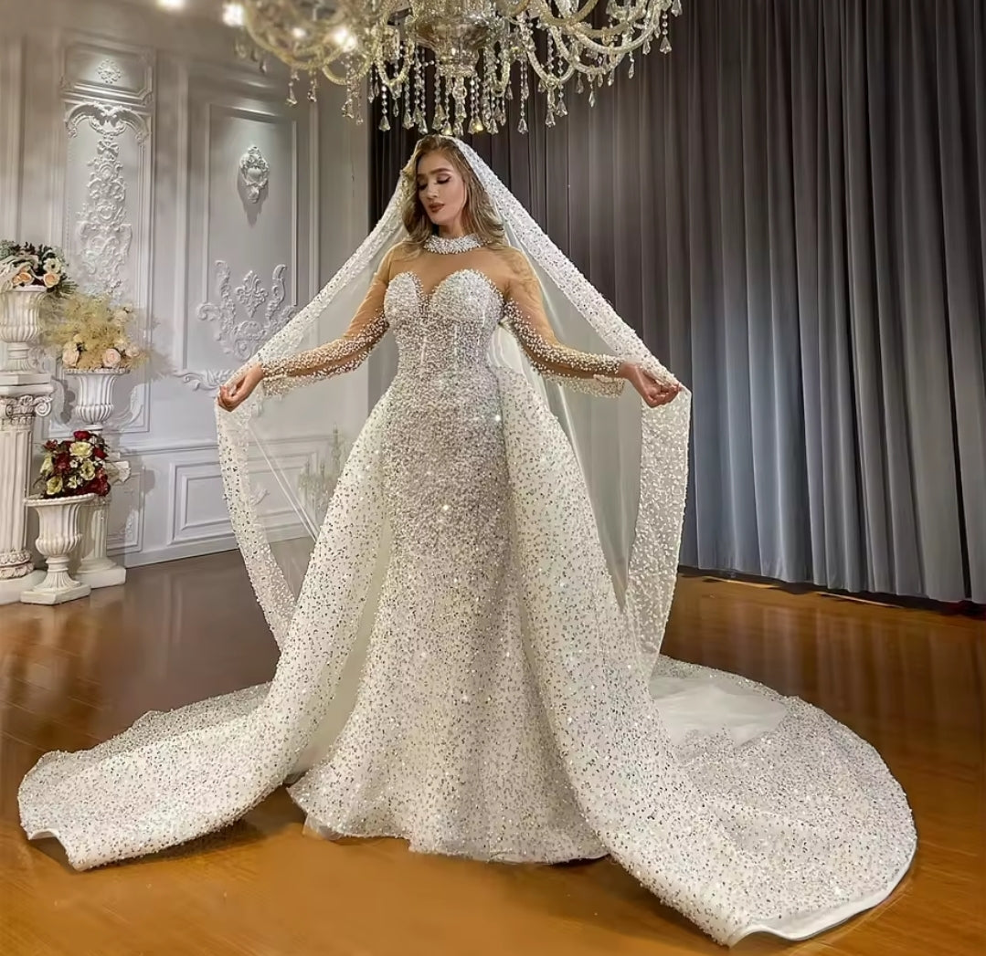 Beautiful Beaded And Sparkling Long Sleeve Beaded Collar Sweetheart Trumpet Gown With Detachable Train