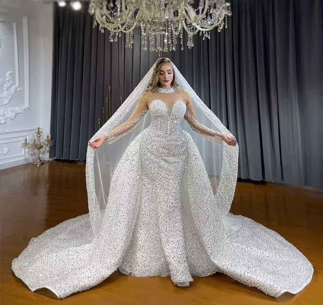 Beautiful Beaded And Sparkling Long Sleeve Beaded Collar Sweetheart Trumpet Gown With Detachable Train