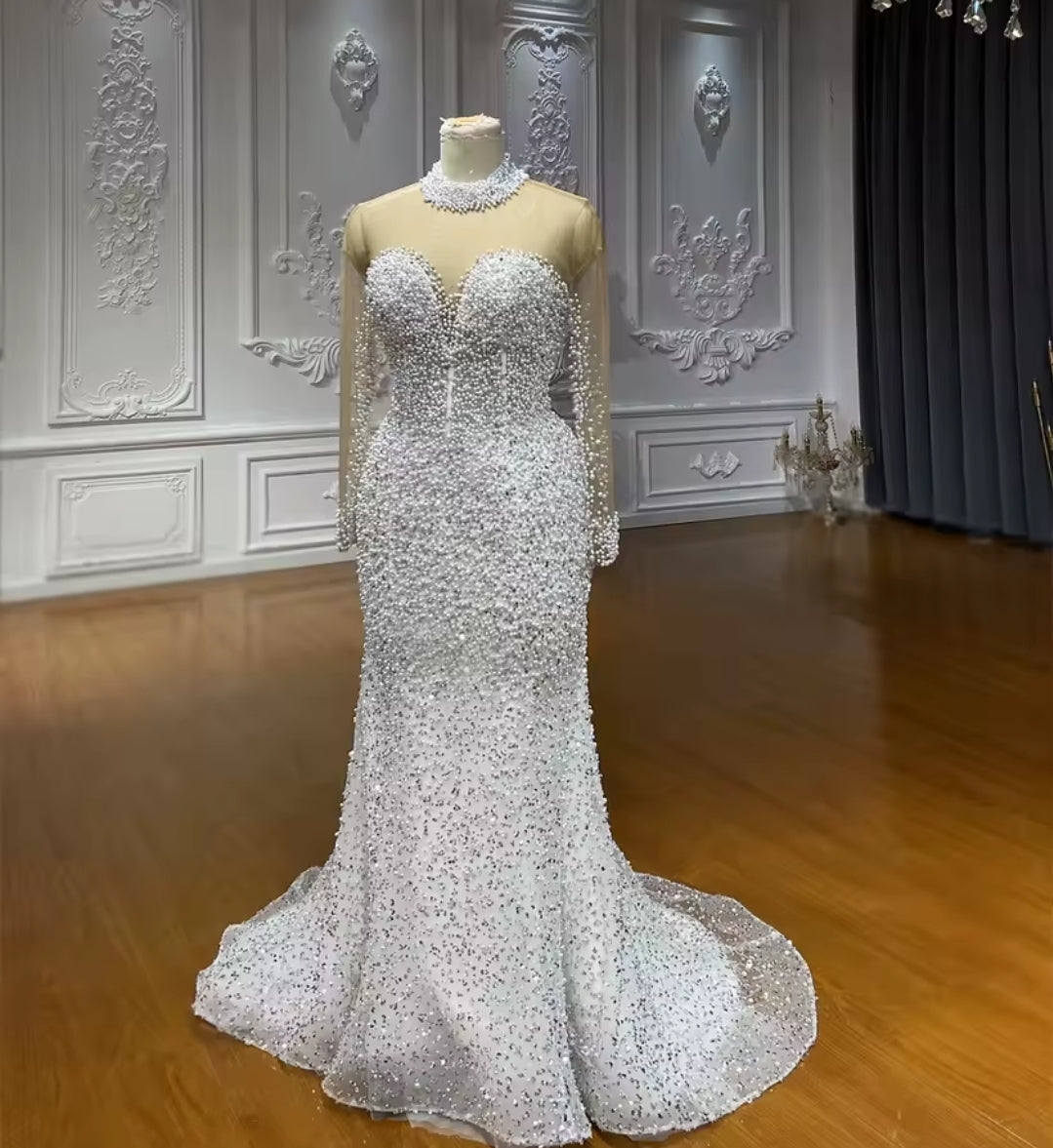 Beautiful Beaded And Sparkling Long Sleeve Beaded Collar Sweetheart Trumpet Gown With Detachable Train