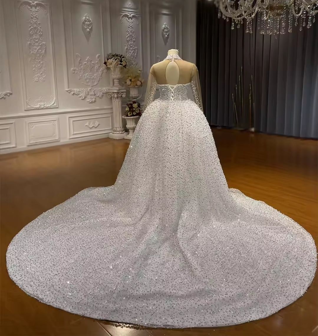 Beautiful Beaded And Sparkling Long Sleeve Beaded Collar Sweetheart Trumpet Gown With Detachable Train