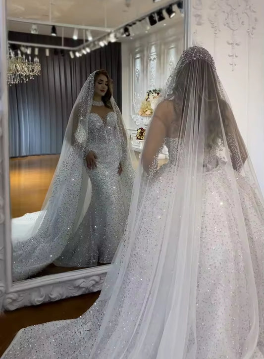 Beautiful Beaded And Sparkling Long Sleeve Beaded Collar Sweetheart Trumpet Gown With Detachable Train