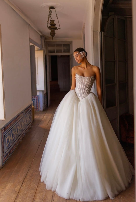 Floral Beaded Strapless Elegant & Sexy Scoop Corset A-Line Gown With Lace Up Back