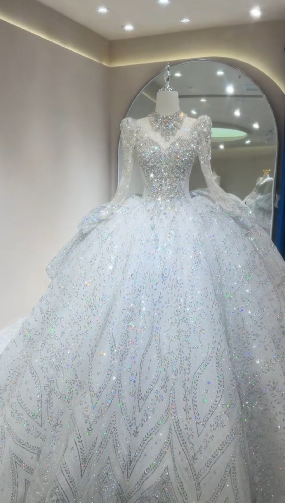 Stunning Princess Inspired Long Sleeve Multi Beaded Sparkling 2026 A-Line Wedding Dress