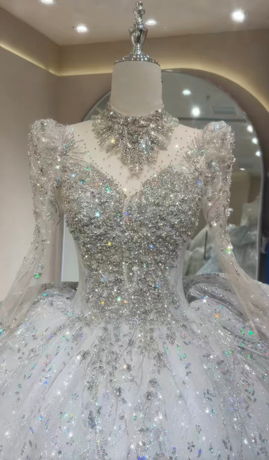 Stunning Princess Inspired Long Sleeve Multi Beaded Sparkling 2026 A-Line Wedding Dress