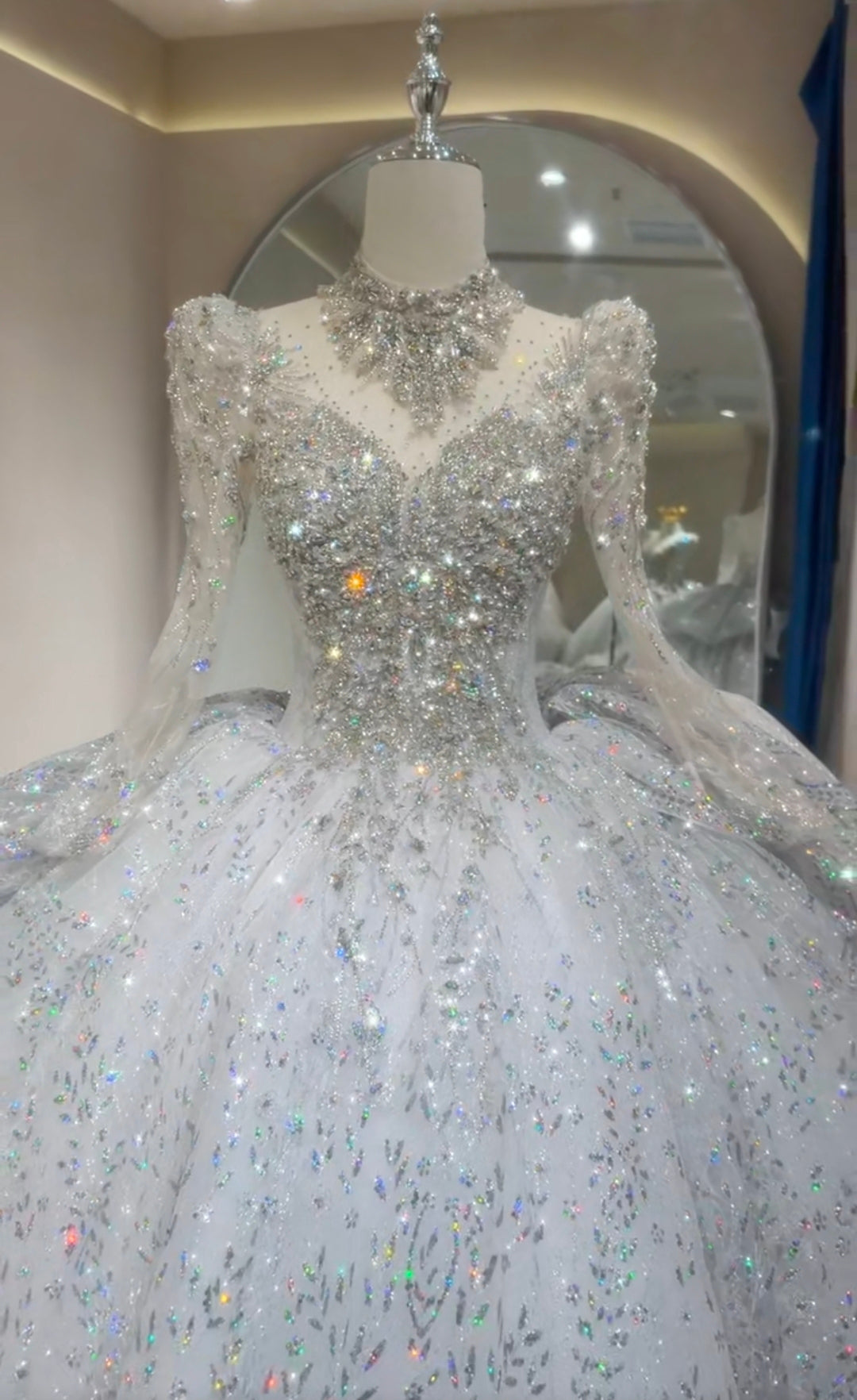 Stunning Princess Inspired Long Sleeve Multi Beaded Sparkling 2026 A-Line Wedding Dress