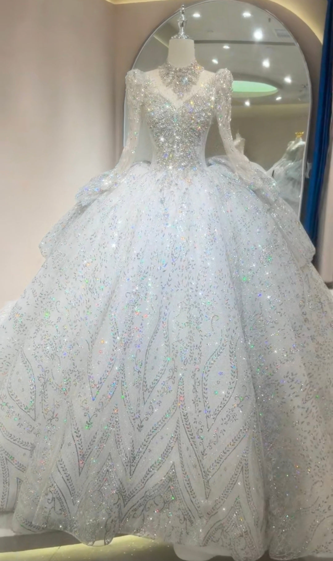 Stunning Princess Inspired Long Sleeve Multi Beaded Sparkling 2026 A-Line Wedding Dress