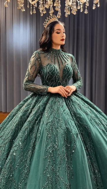 High Neck Sheer Sequin Beaded Long Sleeve Green Elegant Special Occasi WenLeeBridal High Neck Sheer Sequin Beaded Long Sleeve Green Elegant Special Occasi WenLeeBridal
