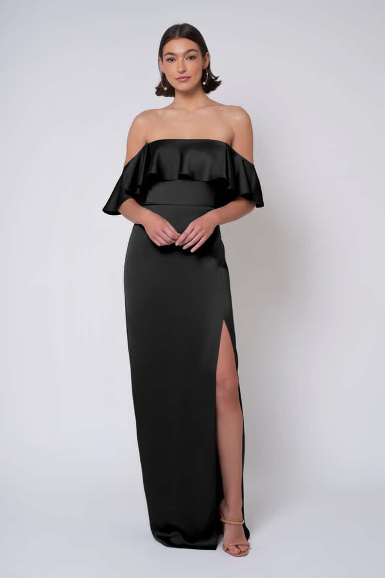 Sleek Flirtatious And Playful Satin Ruffled Off The Shoulder Neckline With A Elongating Column Skirt Bridesmaid Dress