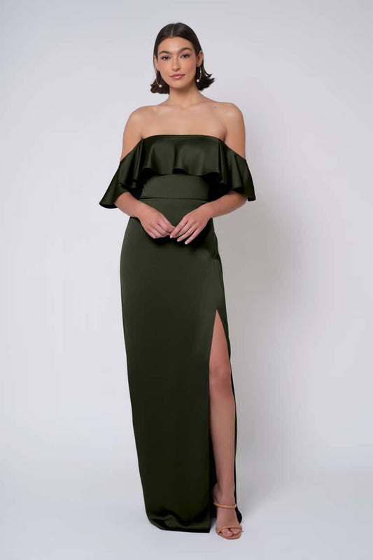 Sleek Flirtatious And Playful Satin Ruffled Off The Shoulder Neckline With A Elongating Column Skirt Bridesmaid Dress