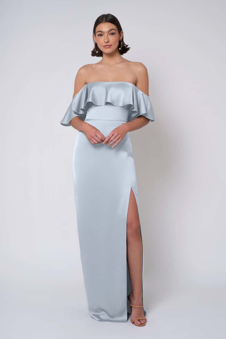 Sleek Flirtatious And Playful Satin Ruffled Off The Shoulder Neckline With A Elongating Column Skirt Bridesmaid Dress