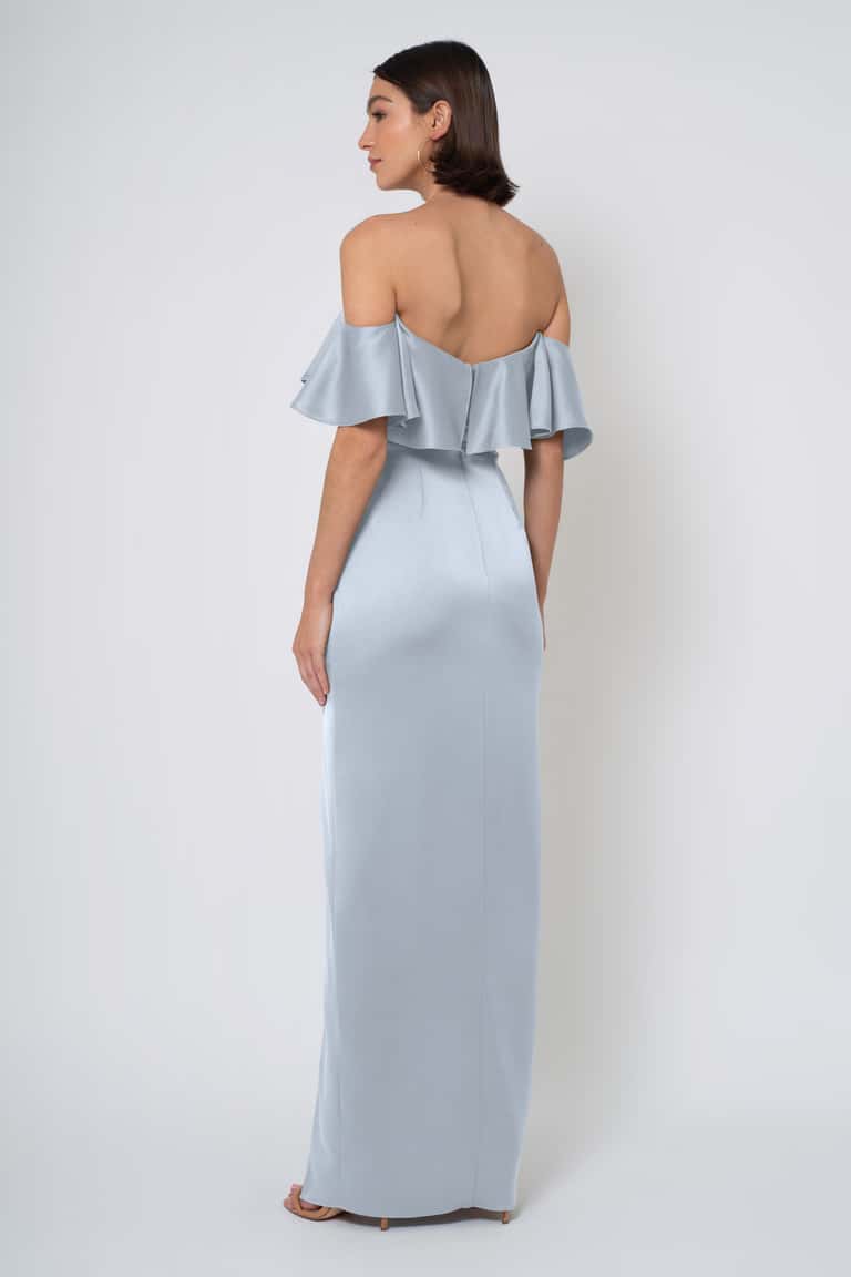 Sleek Flirtatious And Playful Satin Ruffled Off The Shoulder Neckline With A Elongating Column Skirt Bridesmaid Dress