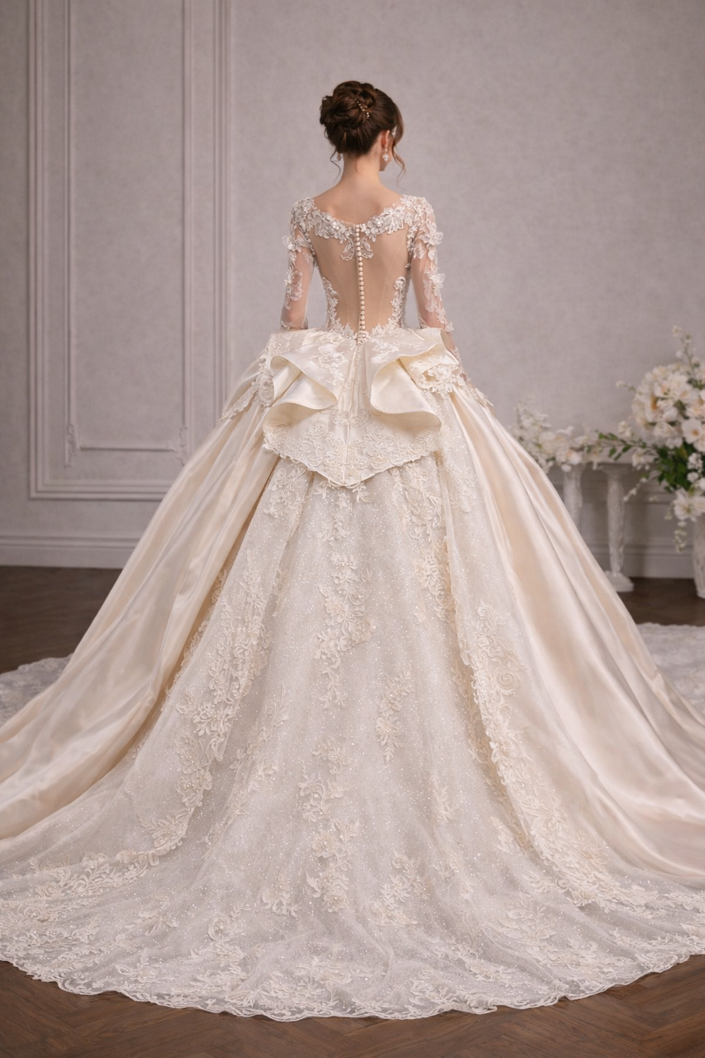 Exquisite And Beautiful Beaded Embellished Floral Embroidered Long Sleeve Lace And Satin Sweetheart Bridal Wedding Gown