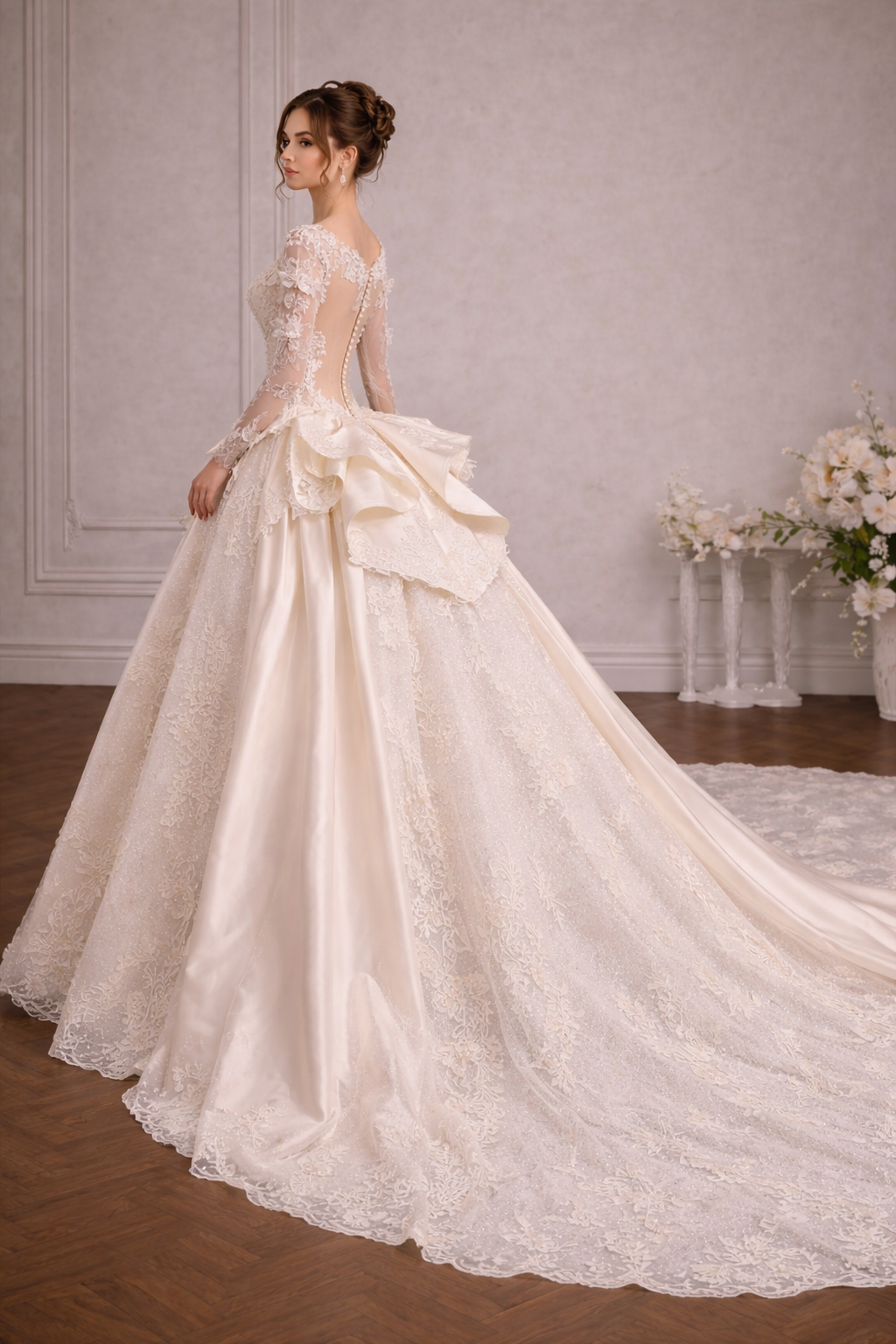 Exquisite And Beautiful Beaded Embellished Floral Embroidered Long Sleeve Lace And Satin Sweetheart Bridal Wedding Gown