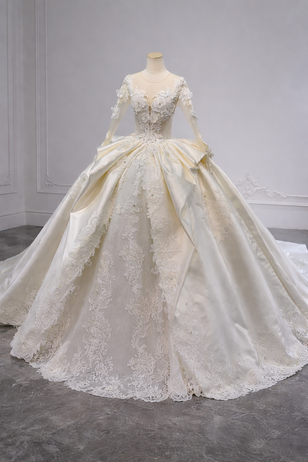 Exquisite And Beautiful Beaded Embellished Floral Embroidered Long Sleeve Lace And Satin Sweetheart Bridal Wedding Gown