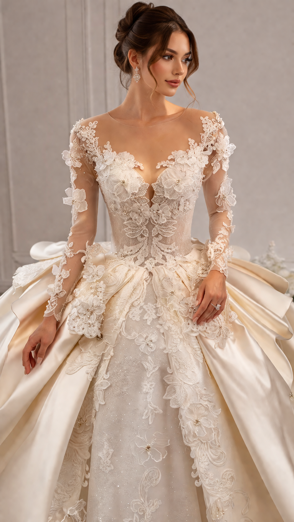 Exquisite And Beautiful Beaded Embellished Floral Embroidered Long Sleeve Lace And Satin Sweetheart Bridal Wedding Gown