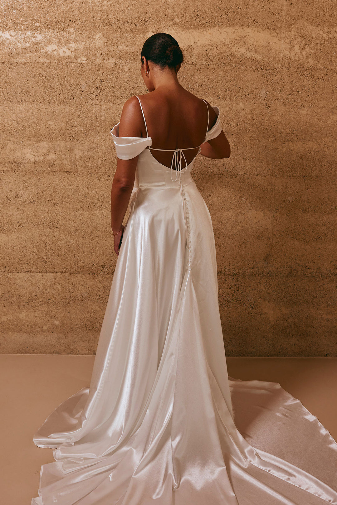 Simply Flawless And Flattering Satin Off The Shoulder Asymmetric Pleated Waist Gown With Split Hem