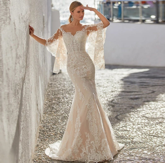 Open Back Winged Half Sleeve Damask Lace Gown
