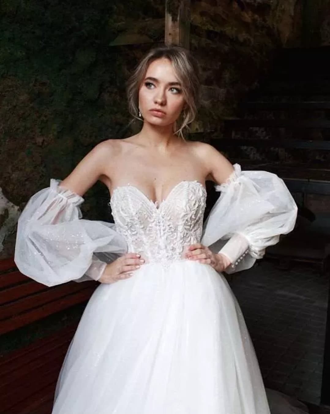 Off The Shoulder Puff Sleeve Fairy Princess Glitter Sweetheart Neckline Wedding Gown