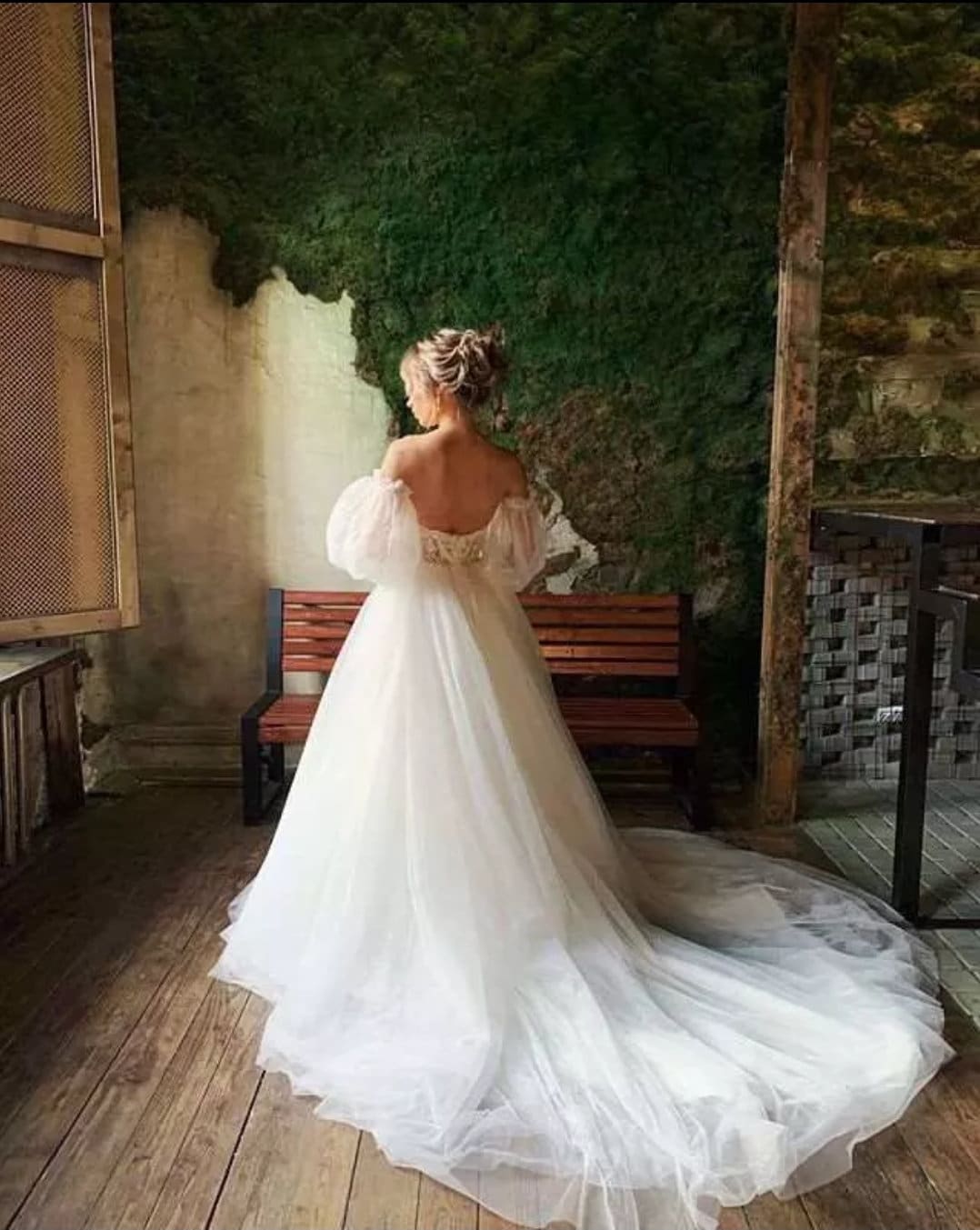 Off The Shoulder Puff Sleeve Fairy Princess Glitter Sweetheart Neckline Wedding Gown