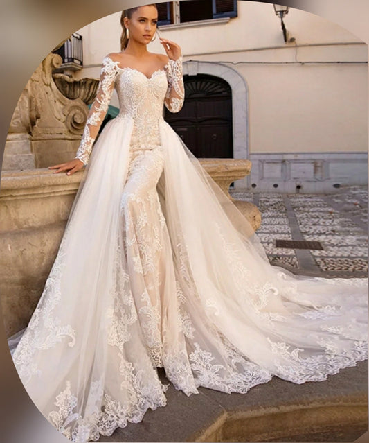 Long Sleeve Lace Mermaid Bridal Gown With Detachable Train