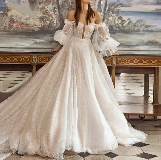 Ruched Glitter Tulle Corset Style Wedding Dress
