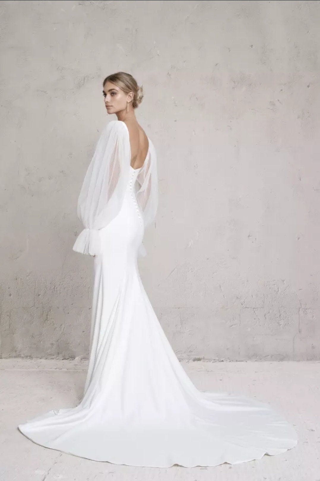 French Crepe Simple & Elegant Backless Mermaid Style Gown With Detached Sleeves