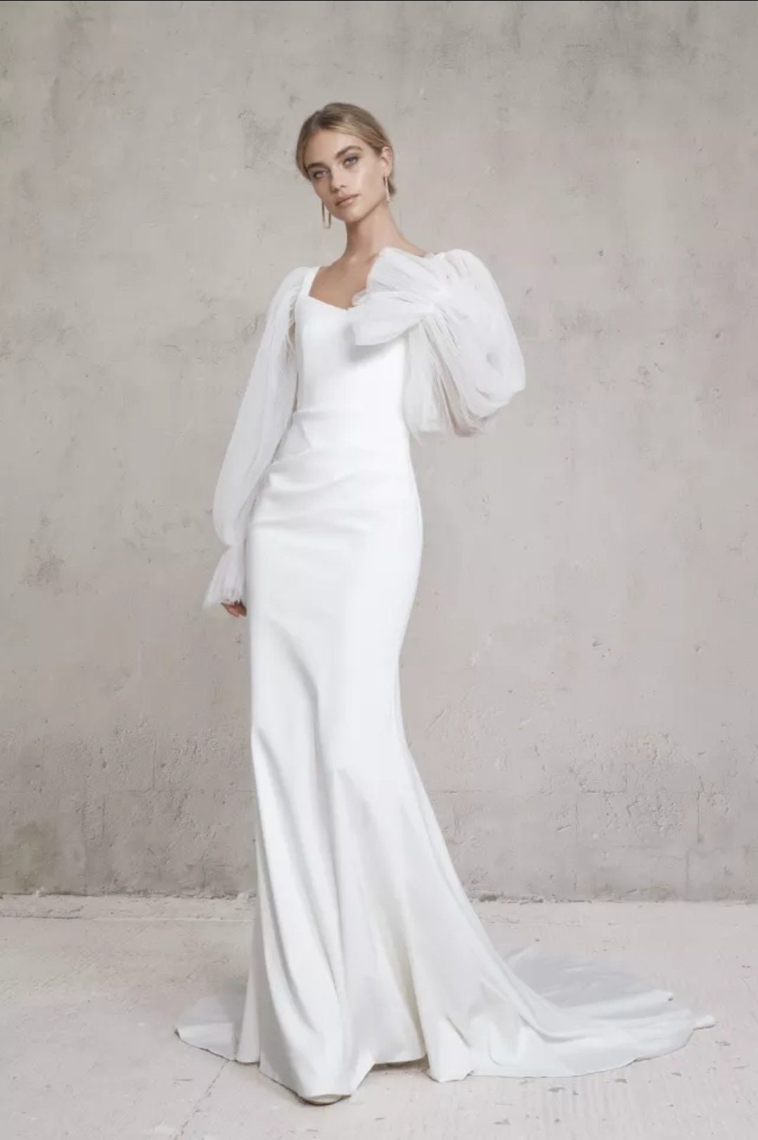 French Crepe Simple & Elegant Backless Mermaid Style Gown With Detached Sleeves