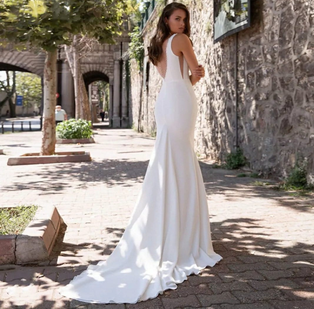 Deep V Neck Beaded Embellished Trumpet Gown With Sweep Train